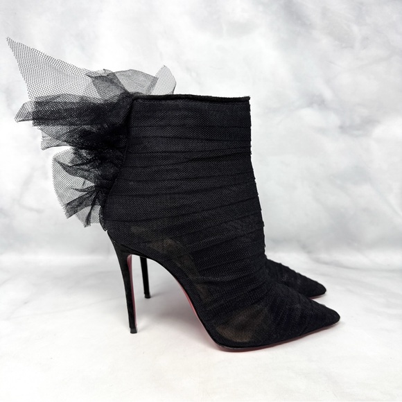 Christian Louboutin Libellibooty 100 Tulle Pointed Toe Ankle Boot Heels Black 35 - Picture 1 of 16